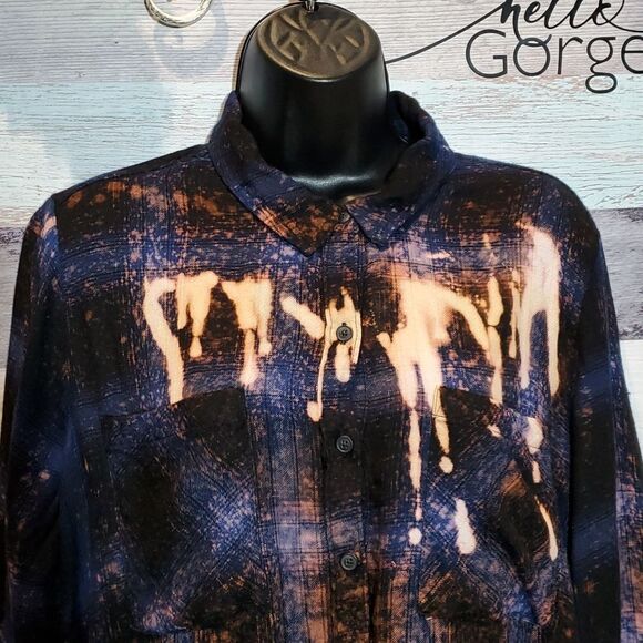 Lucky Sz L Blue Black Plaid Upcycled Drip Bleached 3/4 Button Blouse Very Soft! - Picture 1 of 9
